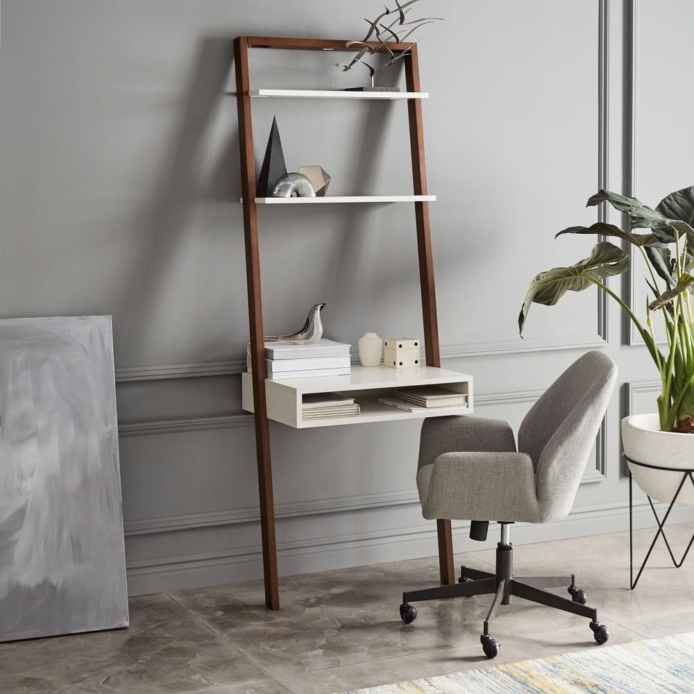 Leaning desk outlet with shelves