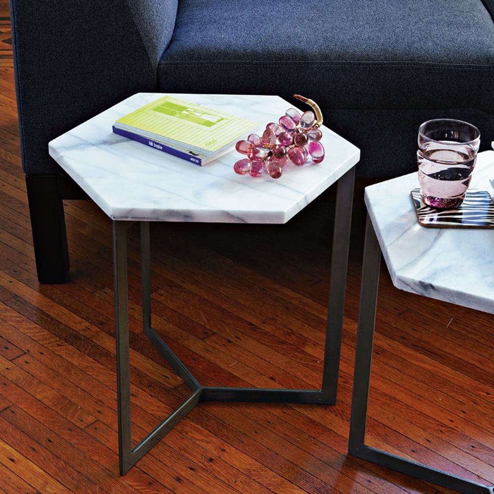 Hex Side Table White Marble Raw Steel