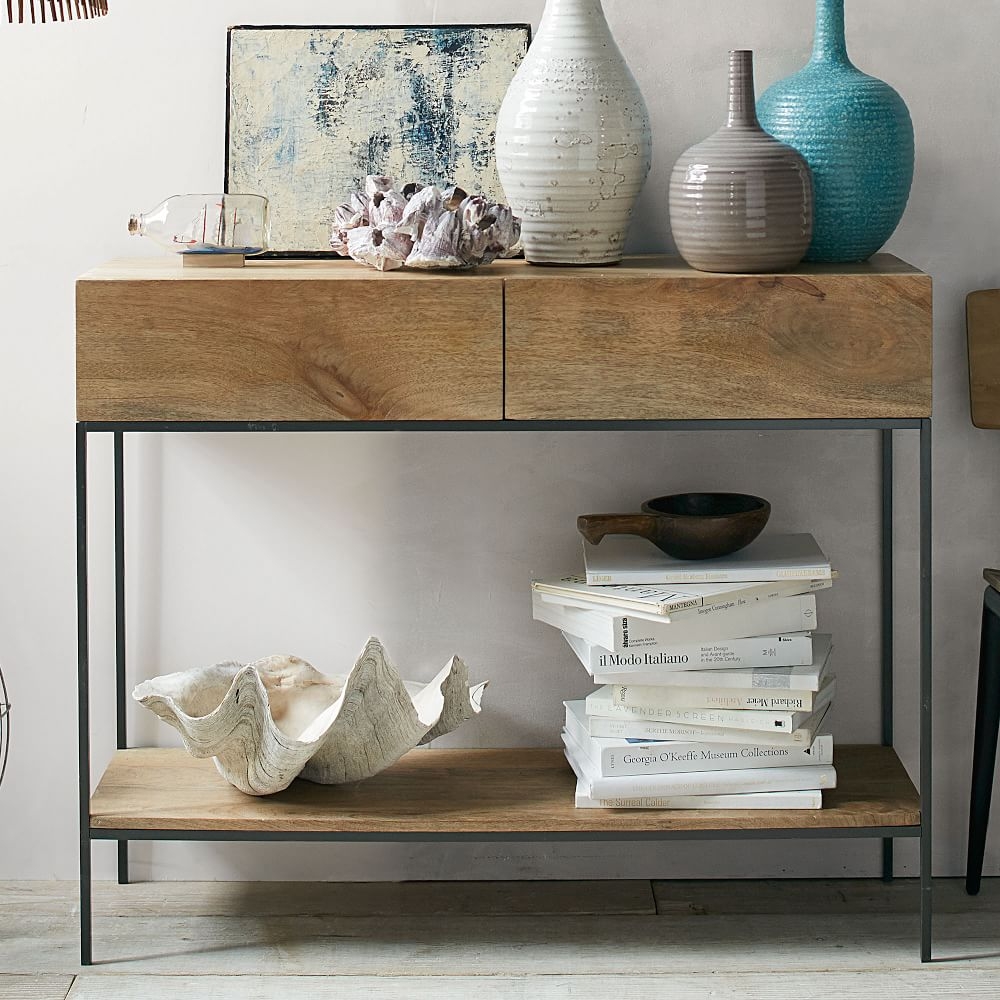 Industrial console sales table with drawers